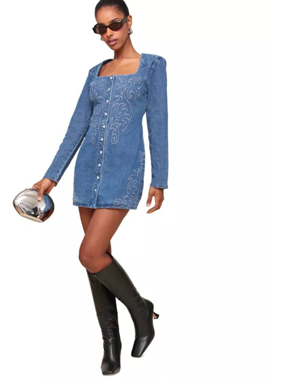 NWT Avec Les Filles Western Embroidered Boho Long Sleeve Denim Minidress sz 4